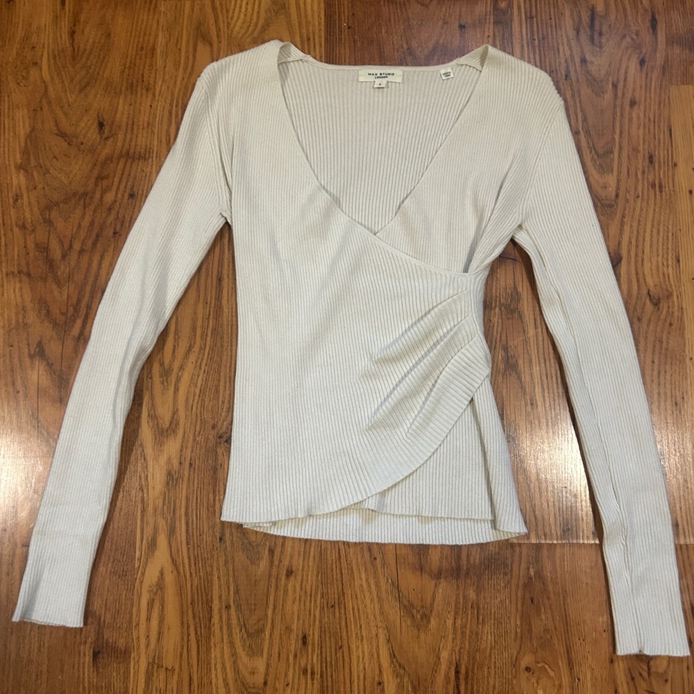 Max Studio Cream Ribbed Wrap Blouse